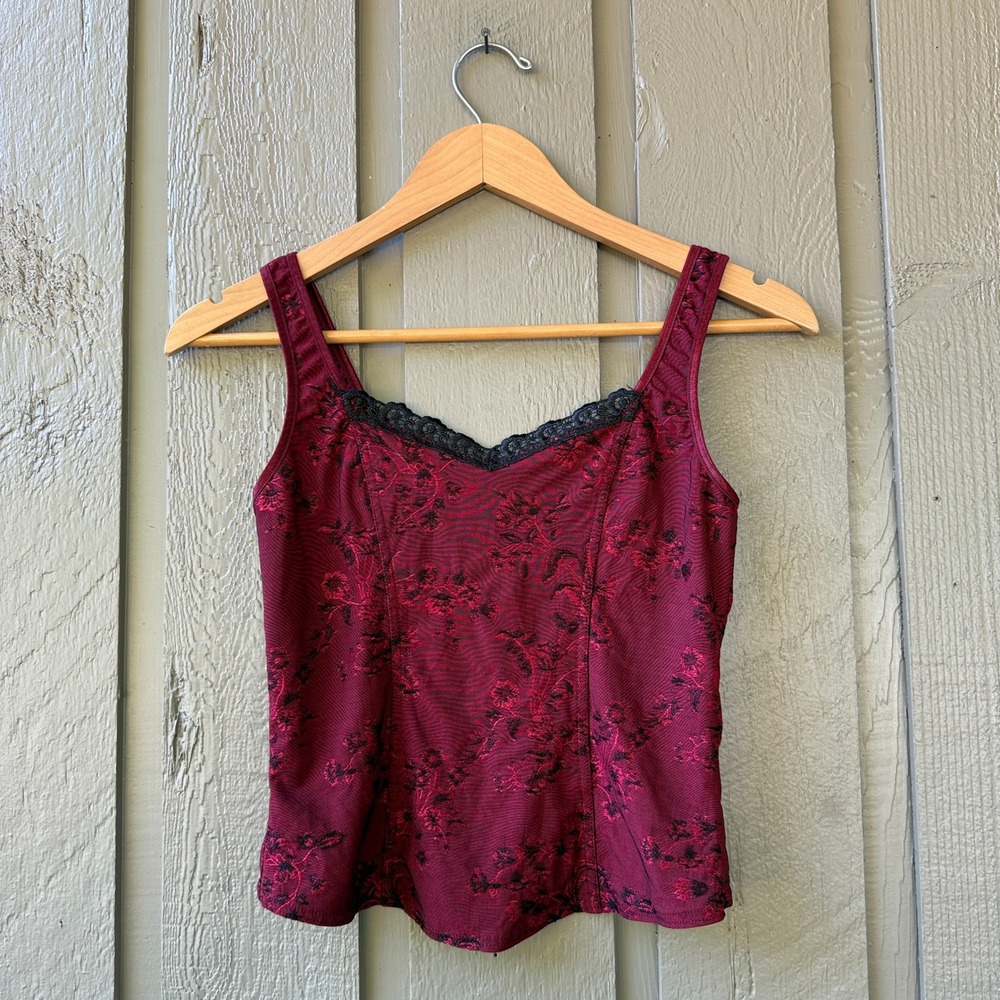 Arianne Cami Tank Top Womens Floral Lace Trim V-Neck Burgundy Red Black Small